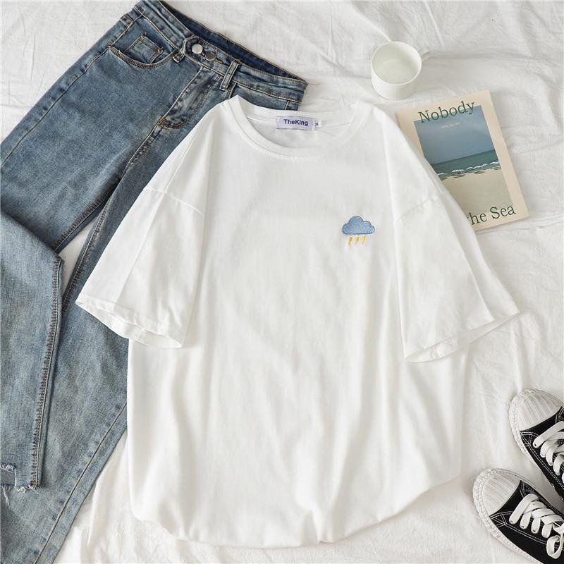 Women's Korean Style Loose Fit Round Neck Summer Tee - Short Sleeve Weather Print