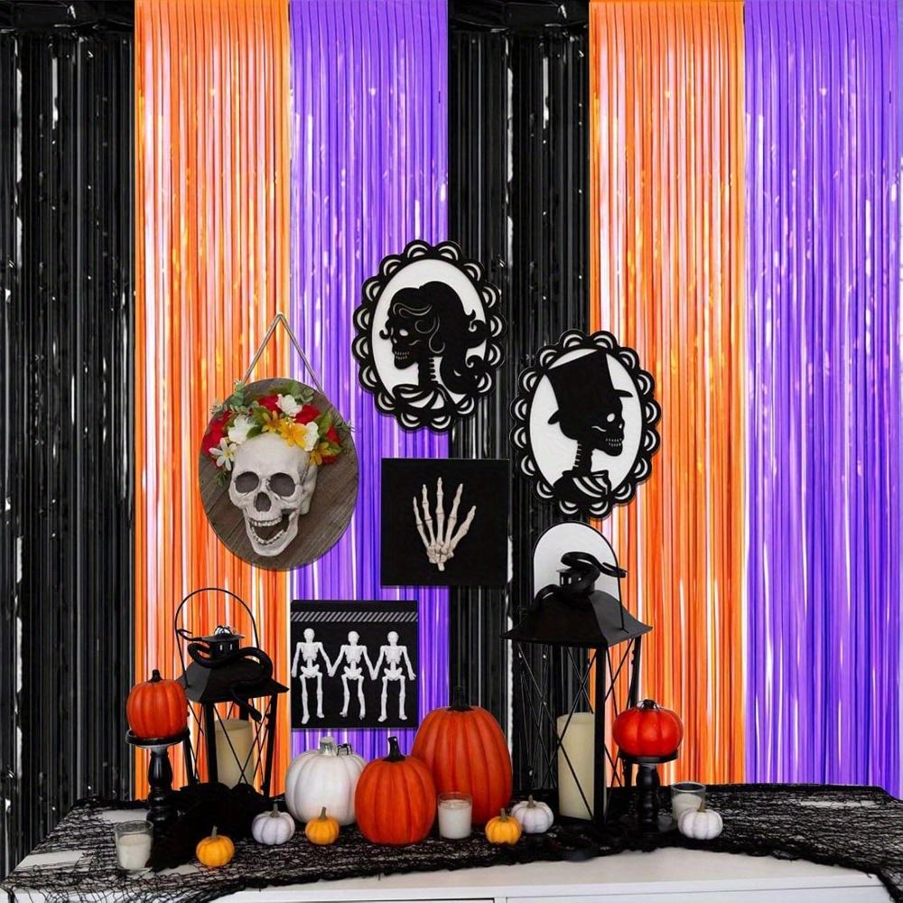 2pcs Orange Purple Black Metallic Tinsel Foil Fringe Curtains Photo Booth Props for Halloween Birthday Bridal Shower Holiday Party Decorations