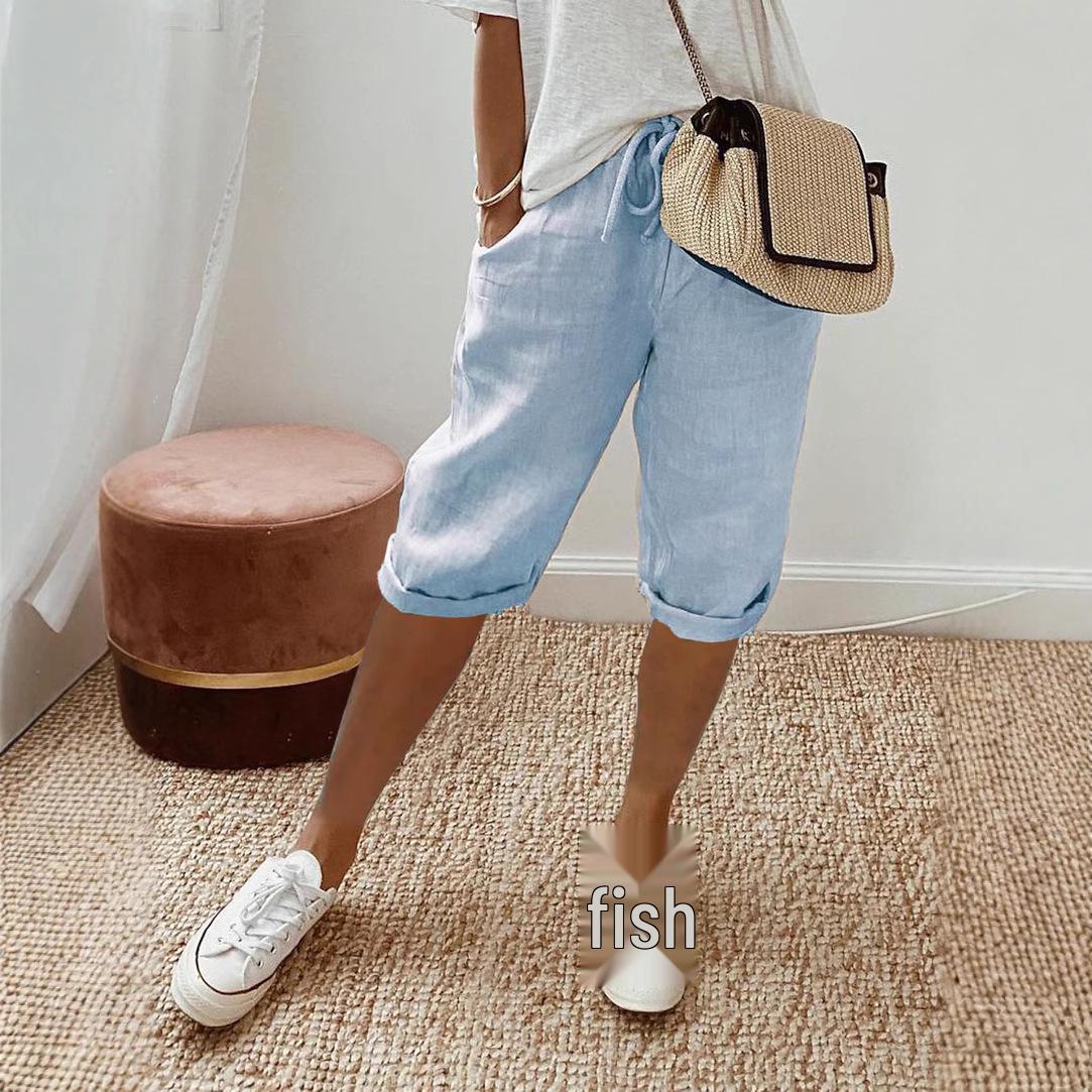 

Женские повседневные шорты из хлопка и льна с эластичной талией и карманами, 2025 Large небесно-голубой