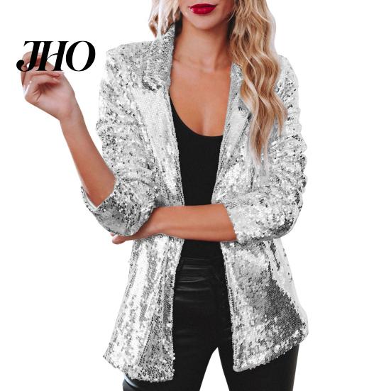 Sequin Outerwear Women's Jacket Shiny Open Front Blazer Evening Women Party Sparkly Long Sleeve Cardigan Coat with Pockets Elegant