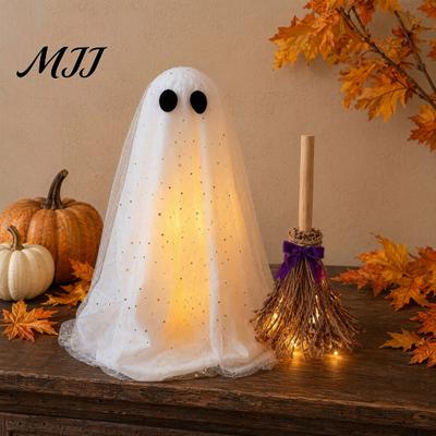 Witch Broomstick with Lights Halloween Ghost Decoration Broom, Spooky Sequins Mesh White Ghost, Cute Easy Assemble Prop Adjustable Standing for Party,