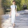 Elegant Blue Modern Chinese-Inspired Long Cheongsam Dress Women 2026 Vintage Fit With Lace Trim