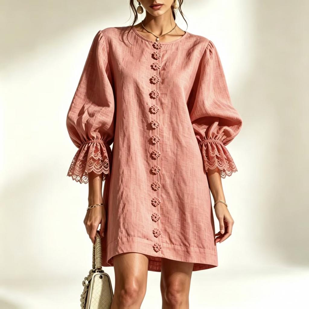 Women's Puff Sleeve Lace Trim Casual Straight Skirt for Everyday Wear