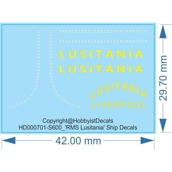 RMS Lusitania Ship Decals - 1/600, 1/350 - Water Decal - Waterslide, 1/600