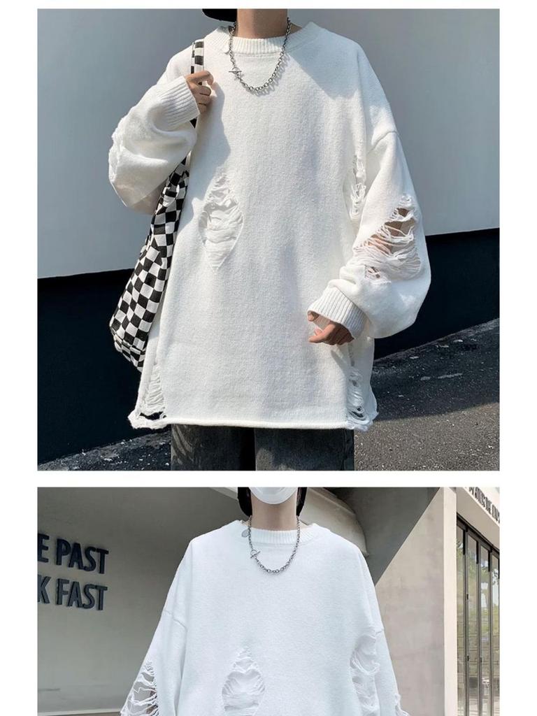 Autumn Men's Hole-Knit Sweater: New Lazy Style Pullover in Black or White