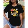 Women's  Citrus & Hibiscus Print T-Shirt - Hawaiian-Inspired Short Sleeve Top Number Design, Relaxed Fit Casual Tee for Beachwear