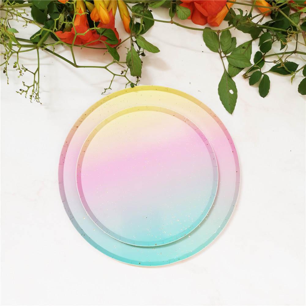 Rainbow Round Paper Cups Plates Napkins With Disposable Paper Tableware For Party Cake Plates Cups Wedding Birthday Banquet Picnic Dessert Decor
