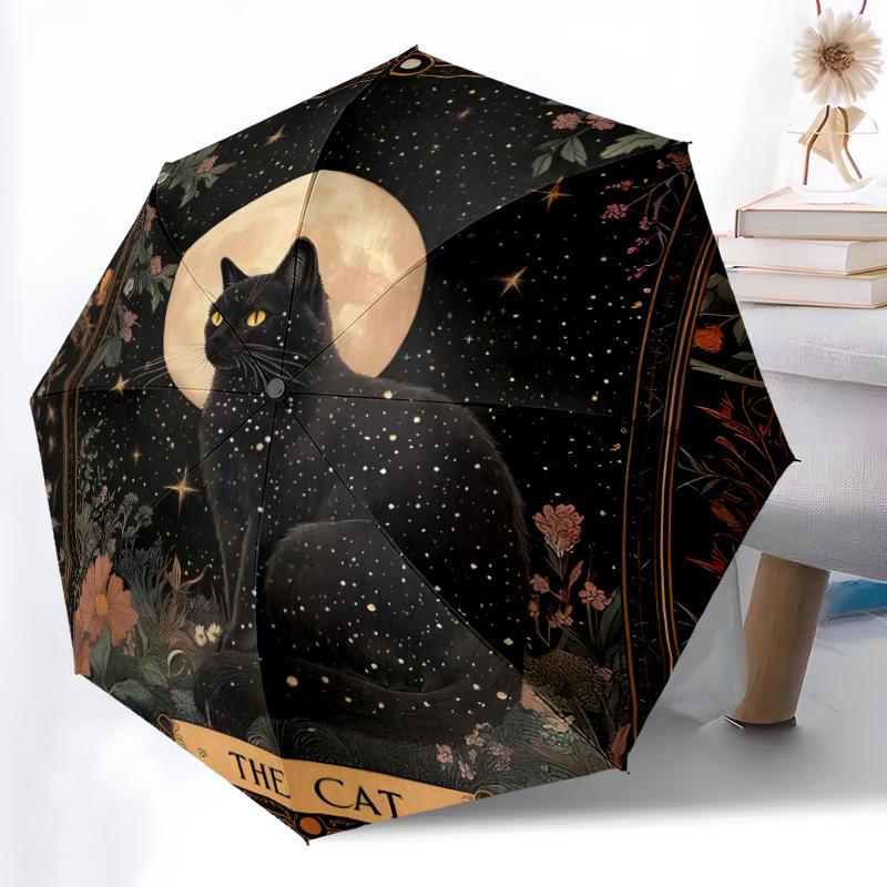 1pc Sturdy 8-Bone Auto Umbrella, Cat Woven Umbrella, Digital Printed, Foldable Umbrella for On-the-Go Outdoor Use