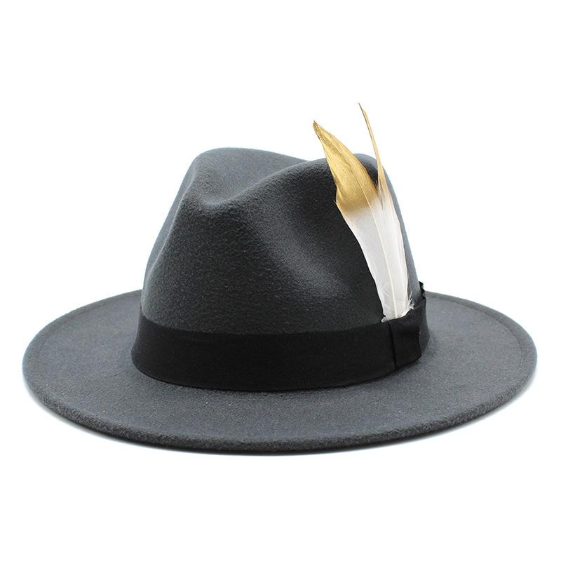 Trendy Wide-Brimmed Hat Woolen Top Hat Versatile Feather Flat Edge Jazz Hat British Style
