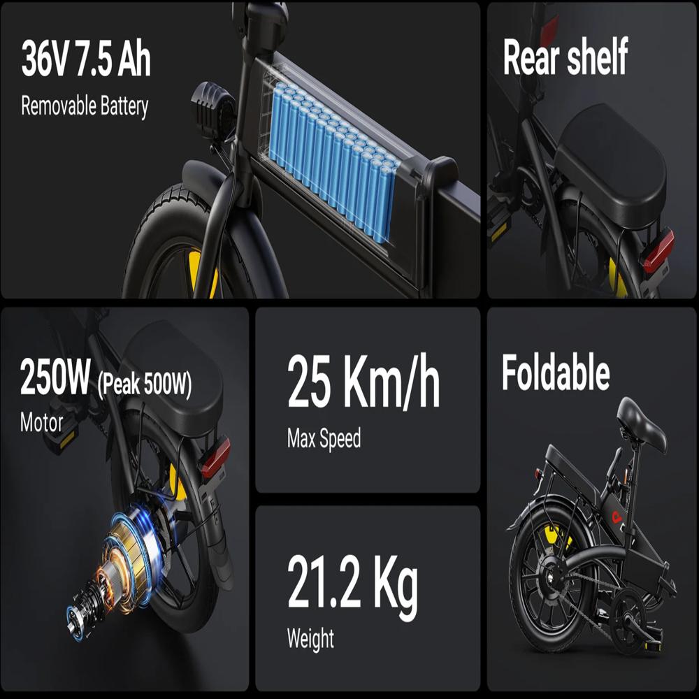 Electric Bike DYU A1F Pro 16" 250W Motor 7.5AH Max Range 60Km Load 120Kg Black