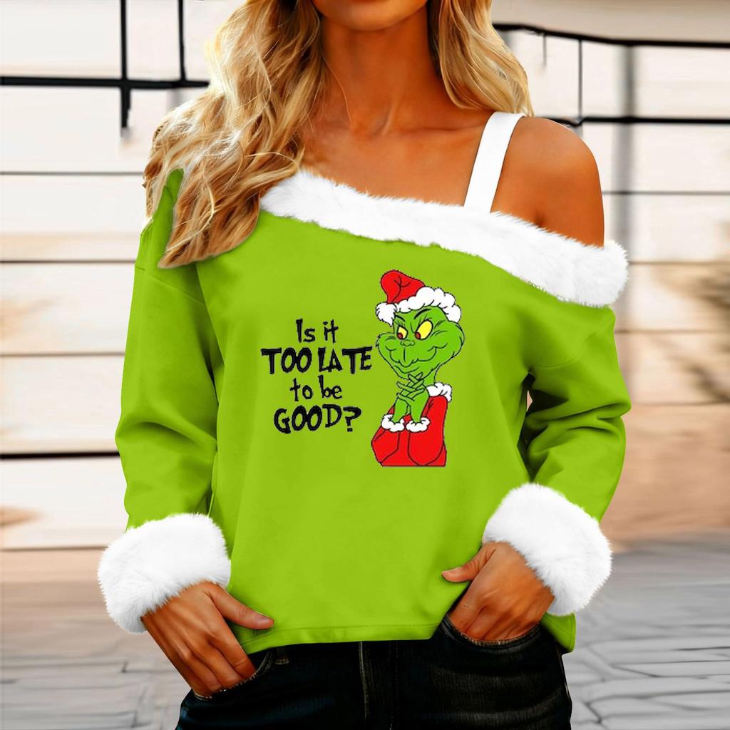 Women's Casual Fashion Sexy Off-Shoulder Collar Christmas Pattern Long Sleeve Crewneck T-Shirt Top