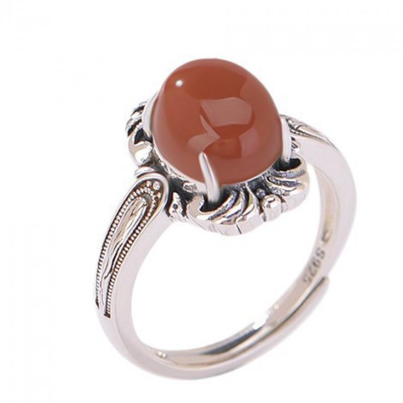 Adjustable Open Ring Women Men Vintage Floral Design Copper Jewelry With Red Agate Oval Cabochon