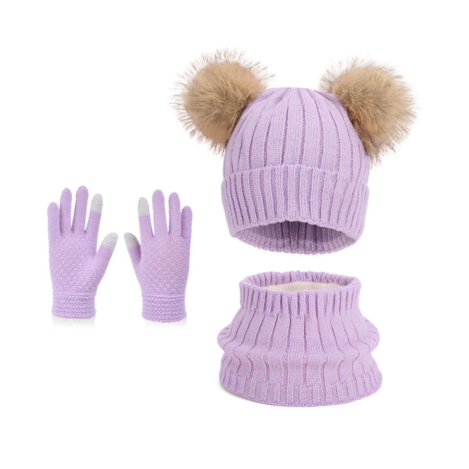 

Winter Warm Set For Children with Hat Neck Warmer And Gloves Acrylic Fibre Knit Accessories for Kids Outdoor Activity фиолетовый