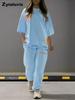 Summer Women's Loose Hollow Crew Neck T-Shirt Top Pants Set Two Piece Outfit