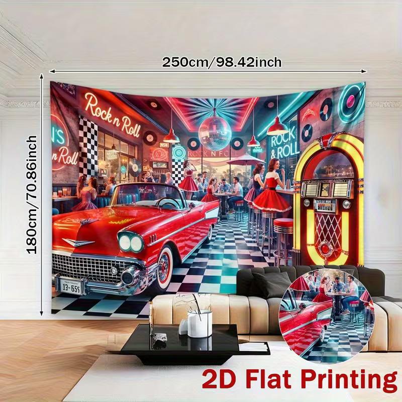 2D "Rock N Roll" 1950s Diner Themed Backdrop with Jukebox & Car