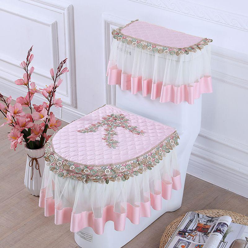 Universal European Style Double-Sided Toilet Seat Cover Set with Zippered Lace Fabric - All Seasons, Three-Piece Set.