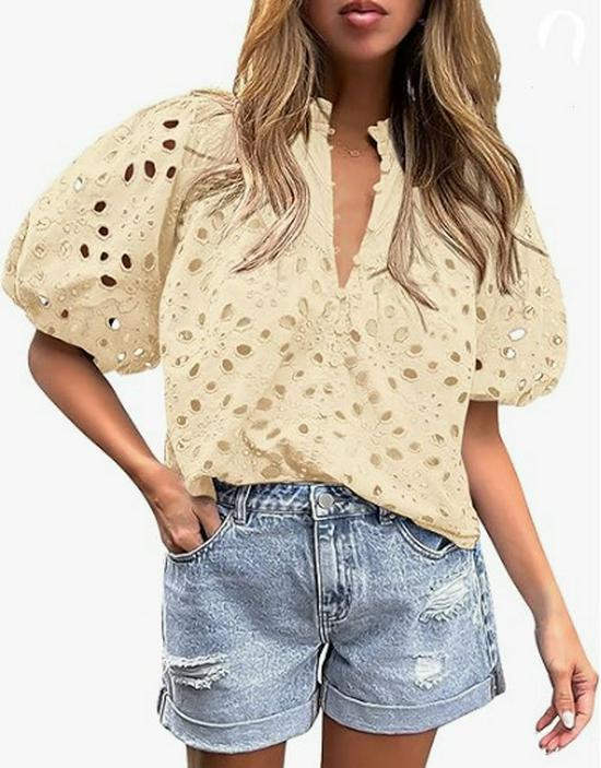 Women's V-Neck Lace Embroidery Lantern Sleeve Summer Top