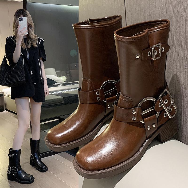Knight Boots Women's 2025 Autumn and Winter New Square Head Brown Medium Tube Martin Spice Girl Retro Thick Heel Western Cowboy Boots