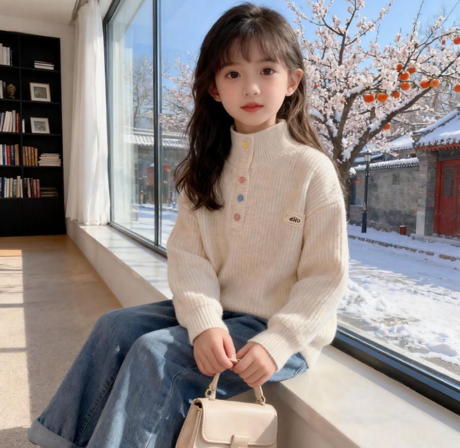 Девочковый толстый вязаный свитер с плюшем - Корейский стиль, высокий воротник для малышей и детей 100 cm абрикосовый