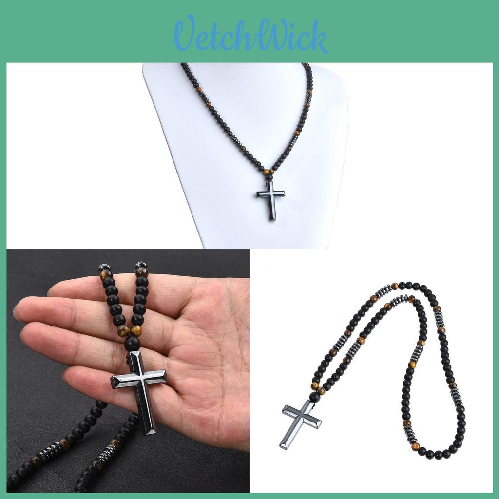 Geometric Black Obsidian Cross Pendant Necklace For Men Stylish Jewelry