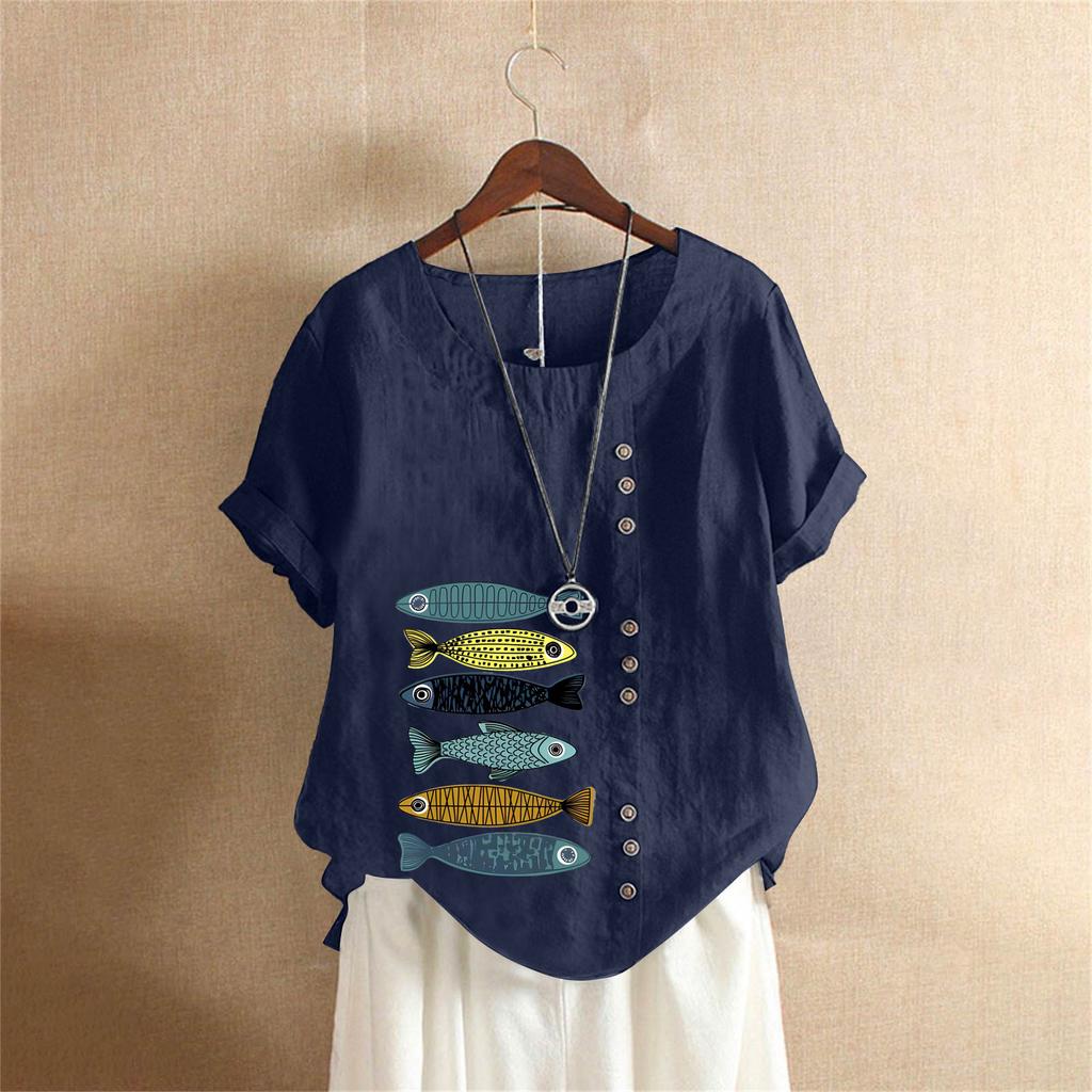 Sommer Übergröße Baumwolle und Leinen Kurzarm T-Shirt, Baumwolle und Leinen Bedruckte Übergröße Damenbekleidung