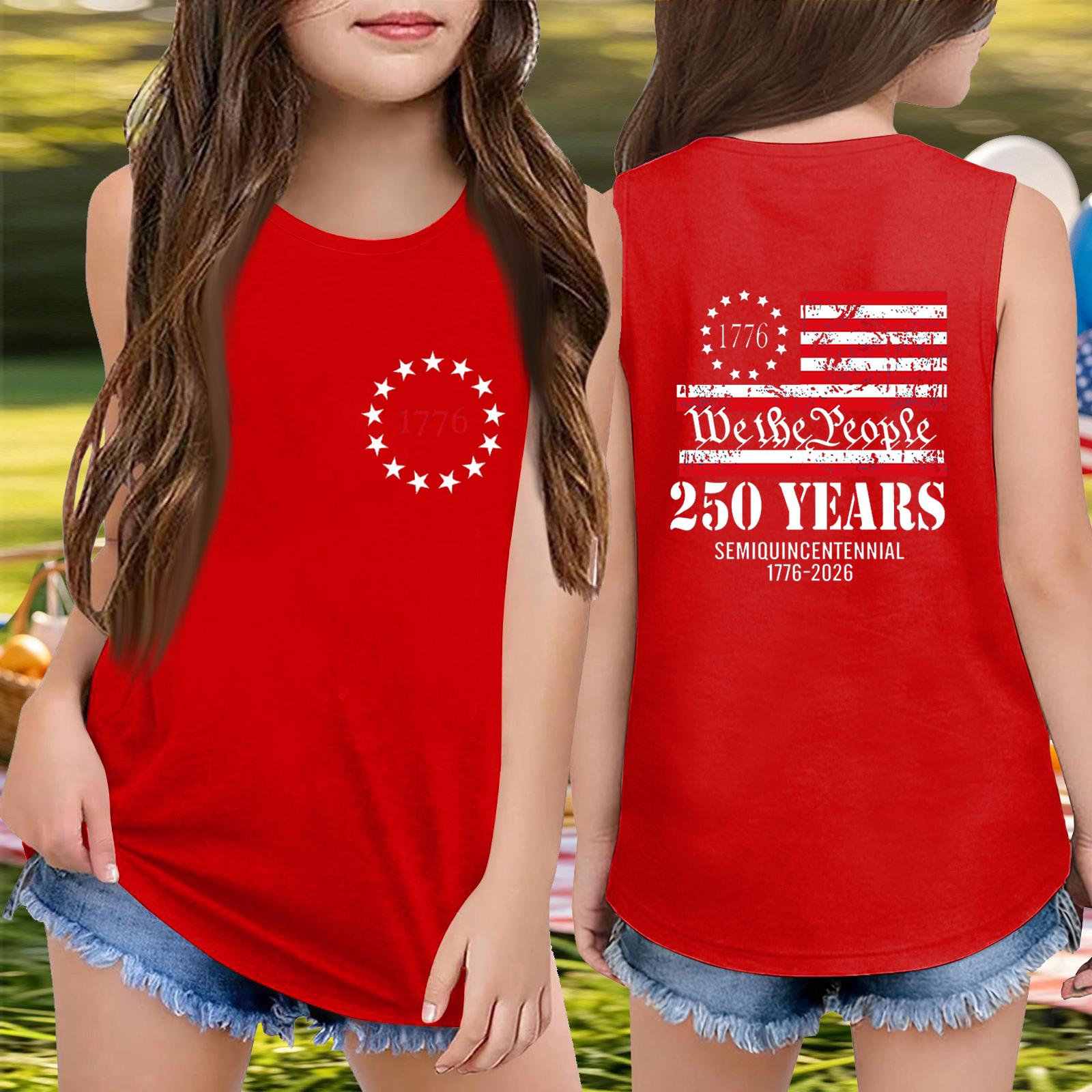 

Girls Sleeveless Loose Fit Tank Top Independence Day Print Round Neck T Shirt 250 Years Freedom Graphic Tee for Kids Casual Summer Wear 110 белый