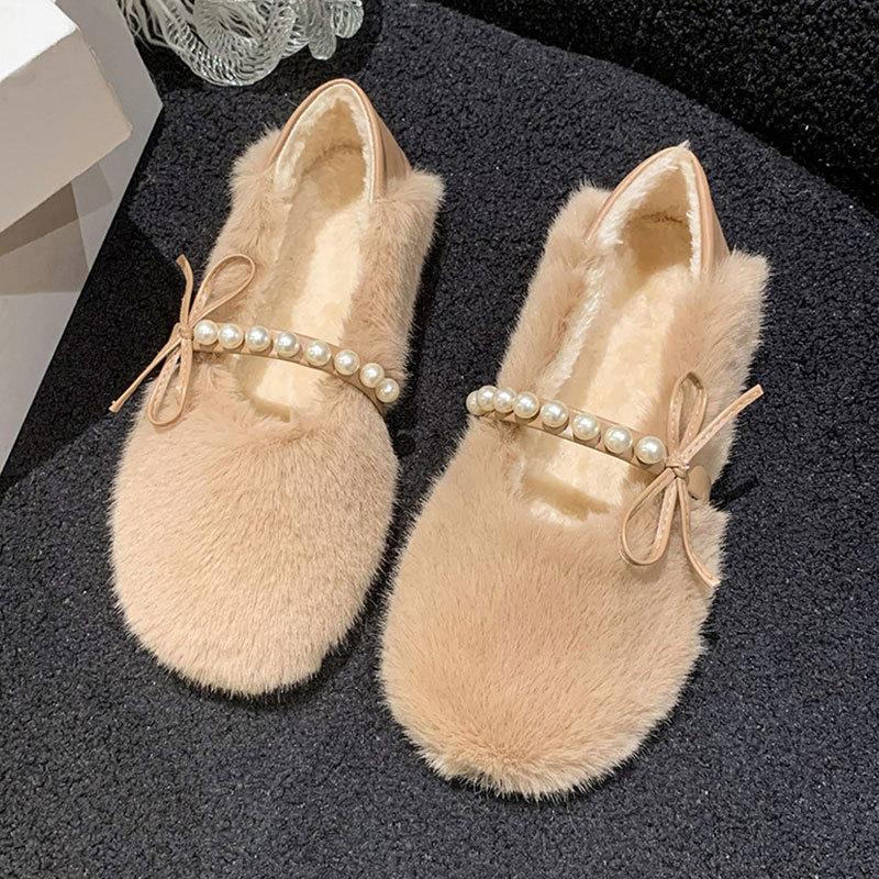 Xiaoxiangfeng Fluffy Shoes Women's Autumn and Winter New Soft Flat-bottomed Velvet Bean Shoes Warm Cotton Shoes