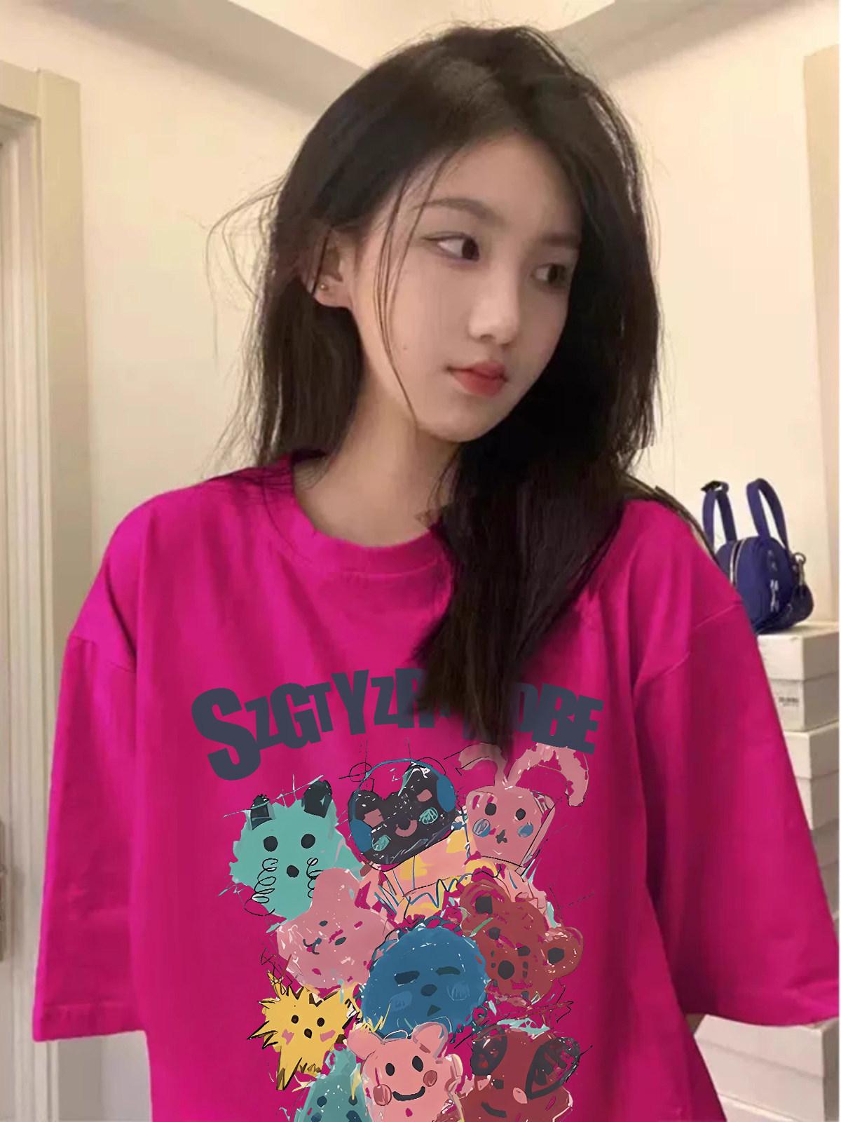 

Women’s Plus Size Retro Cartoon Print Loose Mid-Length T-shirt 2XL (suggested for 131-155 jin) розы красного