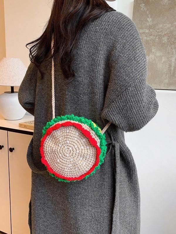 Knit Cute Hamburger Mini Shoulder Bag With Zipper Closure For Casual Travel
