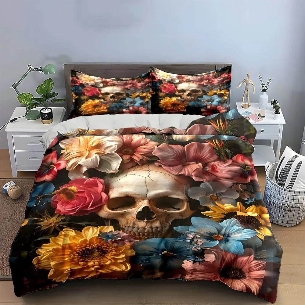 Floral Skull Art Set Decor Soft Comfortable Duvet Cover Bedding Set Included 1*Duvet Cover & 2*Pillowcases, gift