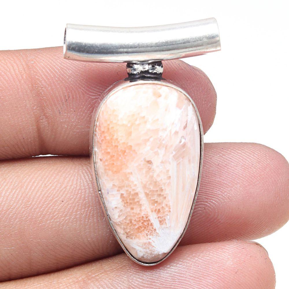 Necklace Scolecite Shell Gemstone Handmade Antique Silver Jewelry 1.5"