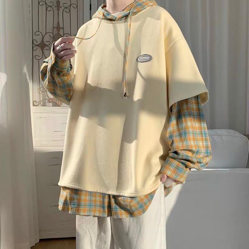 Men's Korean Style Loose-Fit Two-Piece Look Hooded Sweatshirt – Autumn Trend Pullover