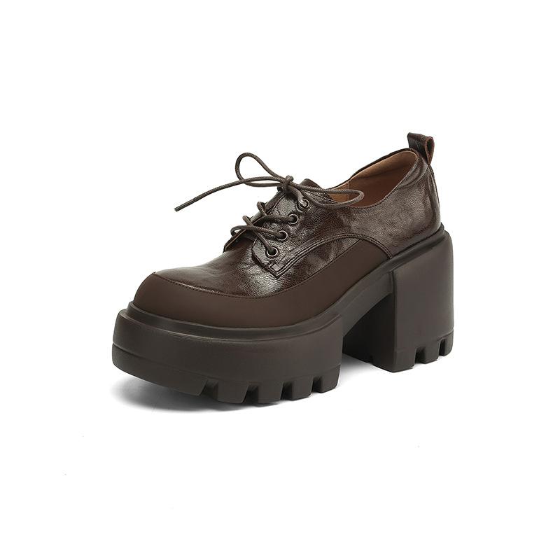

Женские туфли на толстой подошве и толстом каблуке в британском стиле, новая весенняя модель 2025 года, водонепроницаемые туфли на высоком каблуке из кожи с шнуровкой и кожаными вставками 39 коричневый