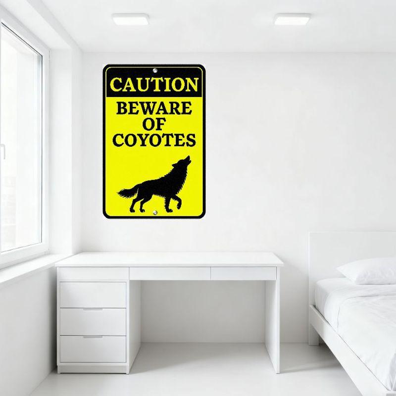 Caution Beware of Coyotes Metal Tin Sign, Rectangular Black Border High-Visibility Warning Sign with Coyote Silhouette, for Home