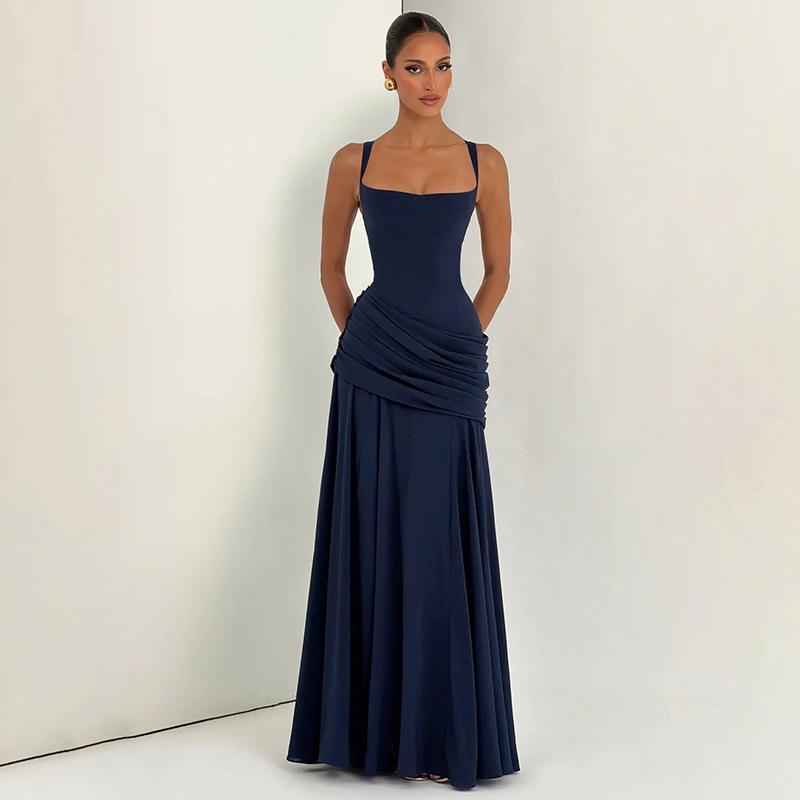 J26DS081 Elegant European & American Style Sleeveless Pleated Long Dress for Women Large