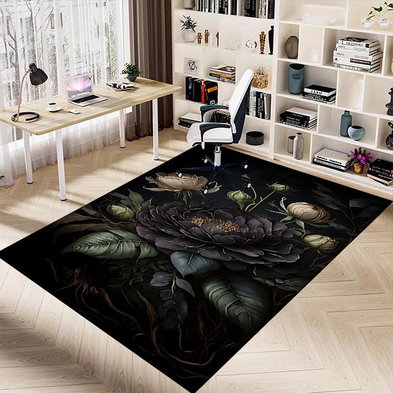 1pc Black Peony Carpet Anti Slip Polyester Floor Mat for office.Bedroom
