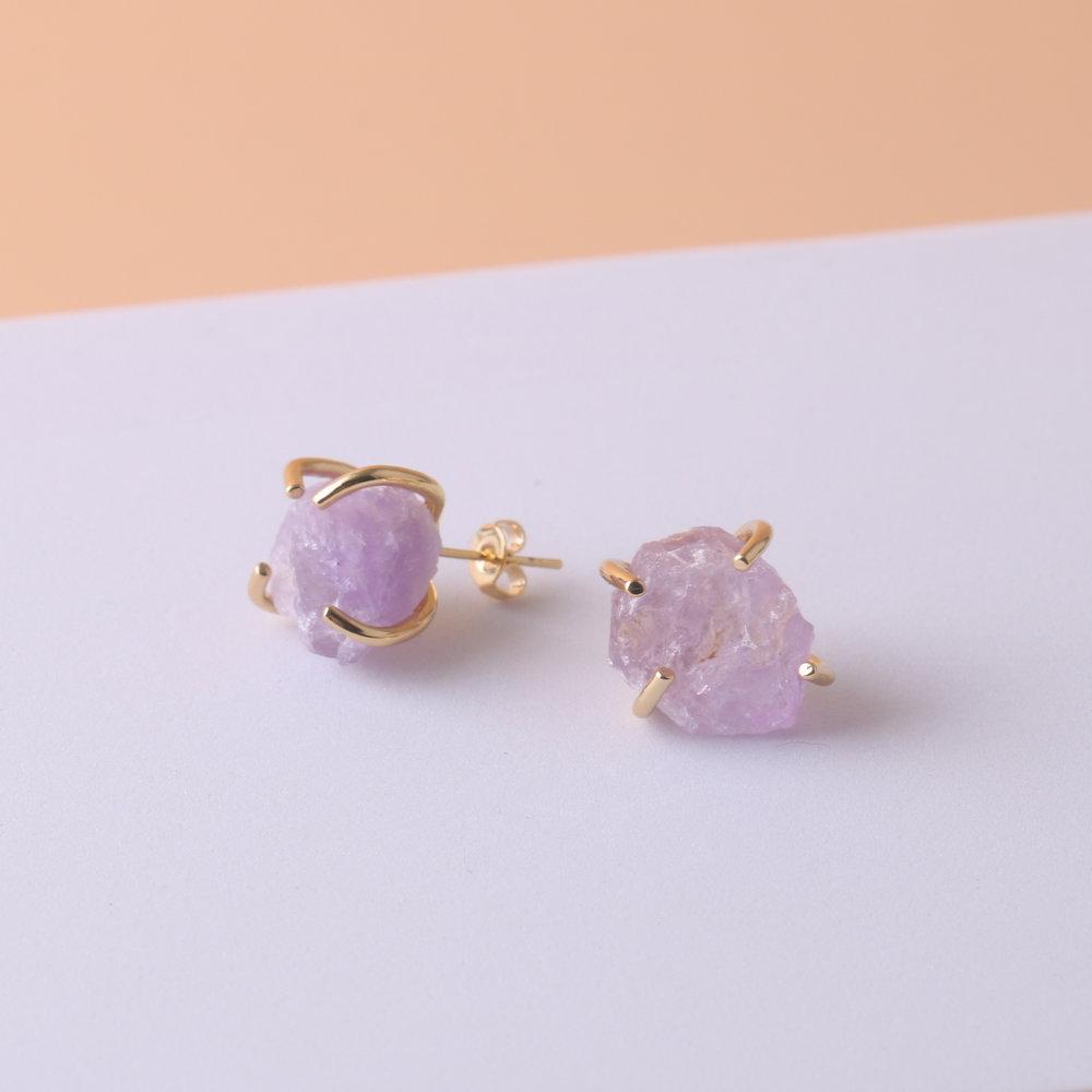Natural Gemstone Earrings for Women - 18K Gold Plated Raw Amethyst and Rose Quartz Healing Crystal Stud Earrings
