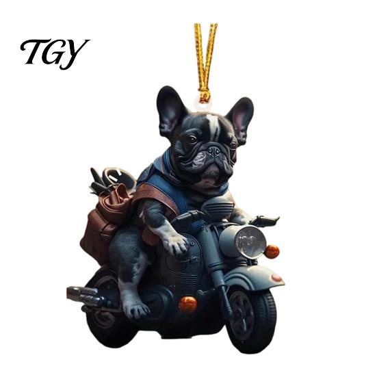 Christmas Party Hanging Decoration Puppy Riding Motorcycle Car Pendant, 2D Flat Acrylic Rearview Holiday Gift for Dog Lovers Mirror Charm,