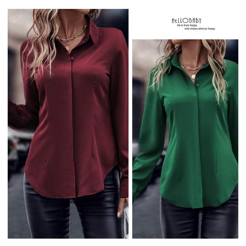 Women's Commuting Style Slim Fit Cardiga Button Double Door Tube Satin Lapel Long Sleeved Blouses & Shirts