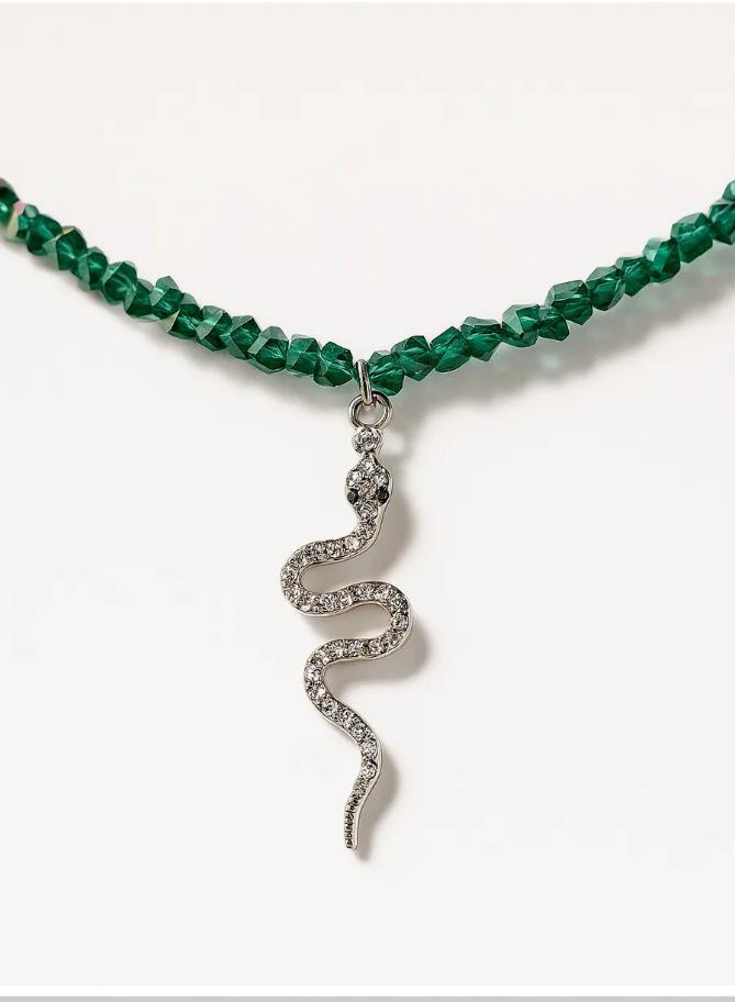 

1Pc Serpent Snake Green Crystal Necklace, Mixed Chain Choker, Bohemian Statement Jewelry for Women Unique Gift
