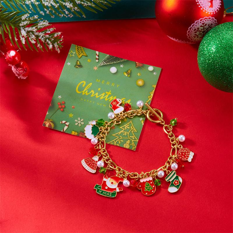 Creative Christmas Elk Bell Zircon Bracelet for Women Cute Santa Claus Tree Candy Cane Stocking Multi Pendant Chain Zircon Gift