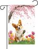 Corgi Spring Garden Ag Cherry Blossoms And Tulips 12x18-Inch Double-Sided Linen Outdoor Summer Courtyard Party Decoration GGO