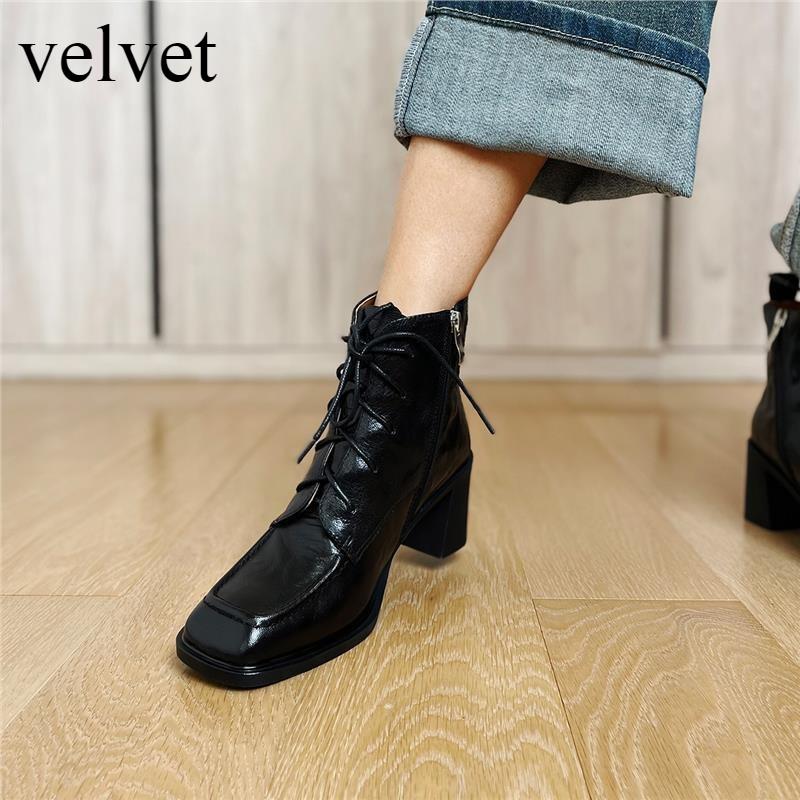 Quiet Sole Soft Leather Ankle Boots Women's Autumn Winter Thick Heel High Heel Lace-up Ankle Square Head High Heel Short Boots
