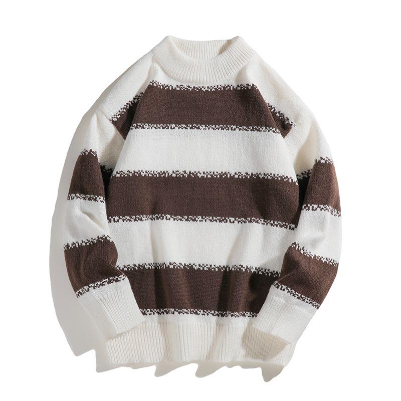 Men s Retro Black & White Striped Knit Sweater, Round Neck, Loose Fit, Autumn/Winter Japanese Style. XL темный кофе