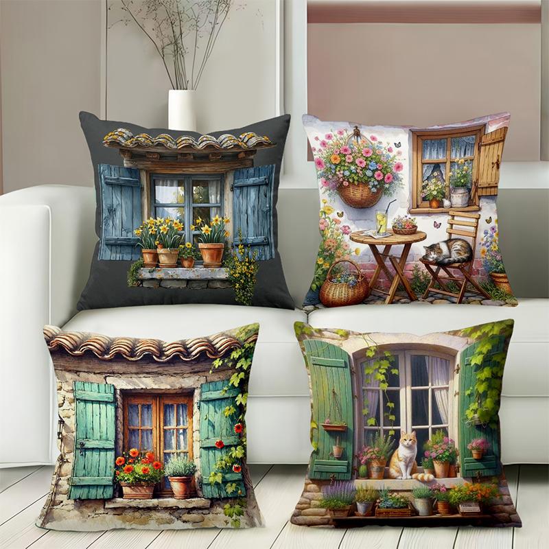 Charming Window With Flowers And Cat Pattern Pillows Polyester Pillowcase, Sofa Decorative Cushion Cov Headboard Pillow