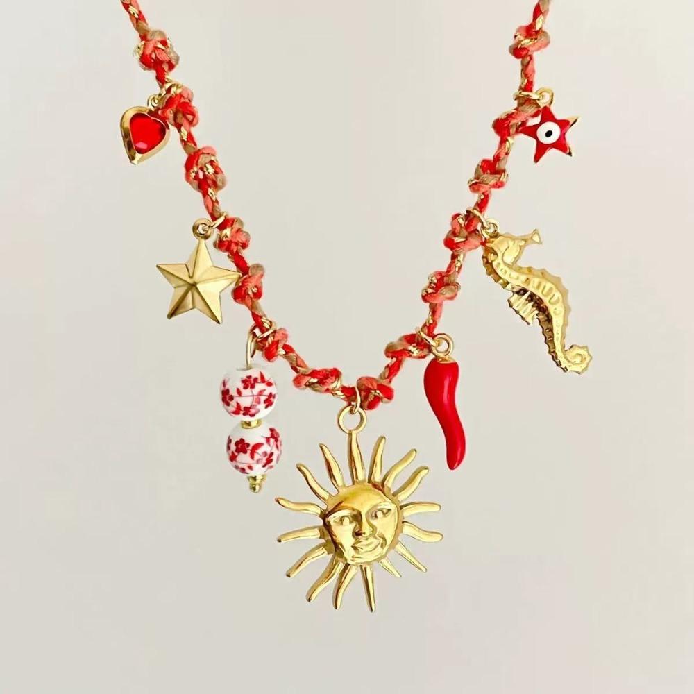 Pearl Accent DIY Knotting Rope Chain Colorful Turtle Pendant Necklace Gold-Plated Necklace Summer