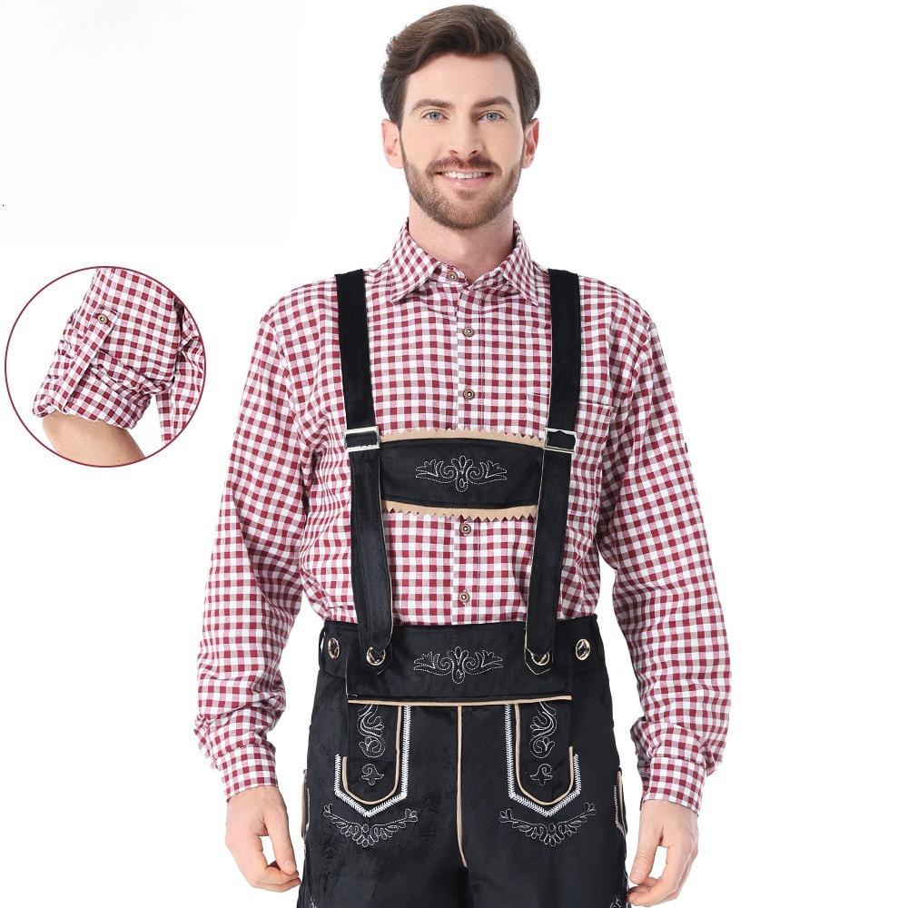 Mens Plaid Shirt Embroidered Bib Pants Munich Oktoberfest Halloween Cosplay Party Costume