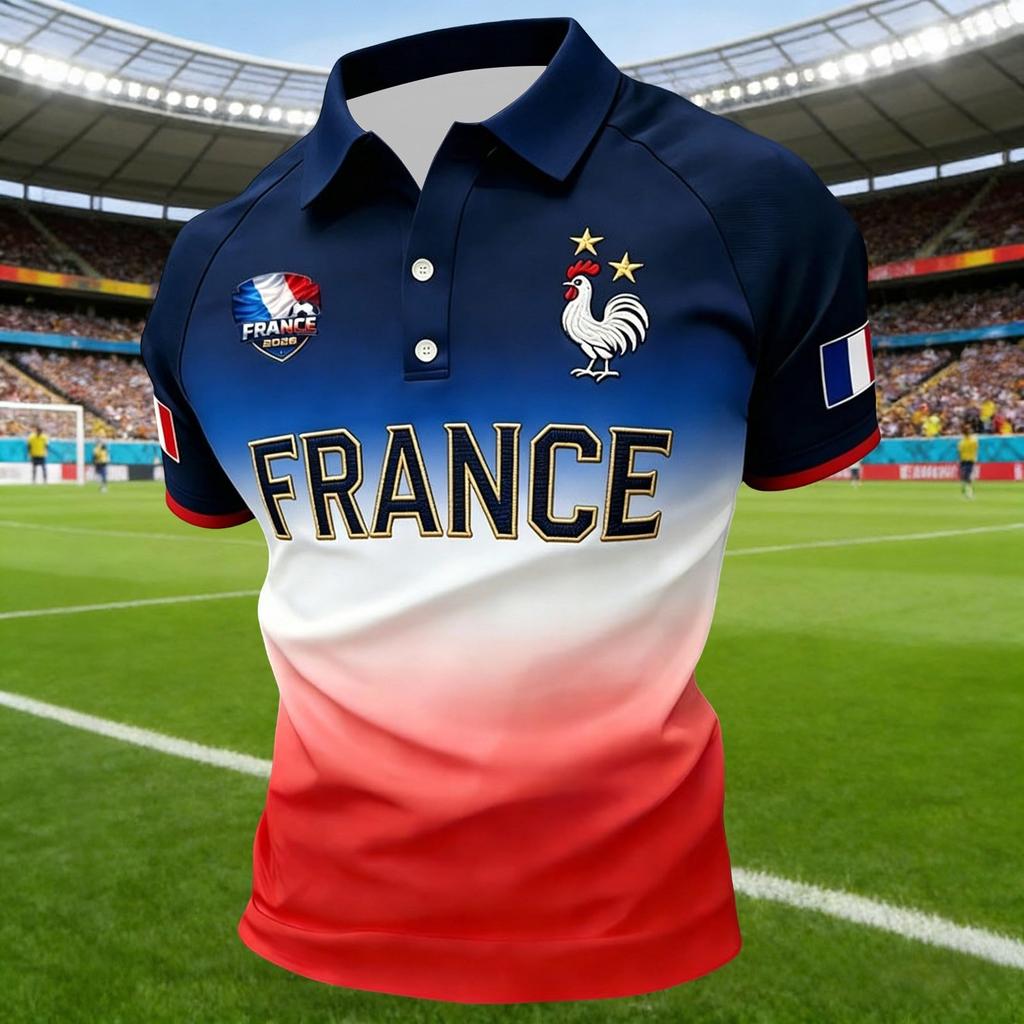 Unisex Casual Short Sleeve Polo Shirt France Print Loose Fit Breathable Lightweight Button Collar Top for Everyday Wear