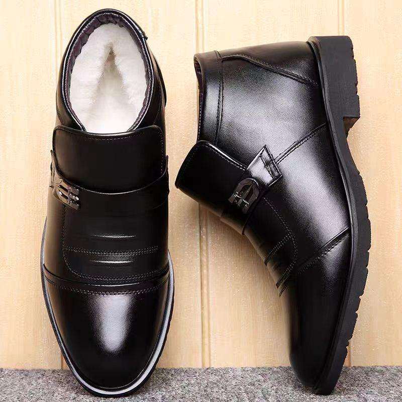 Winter Men's Cotton Shoes Genuine Leather Wool Velvet Thickened Warm Casual High-top Dad Cotton Leather Shoes