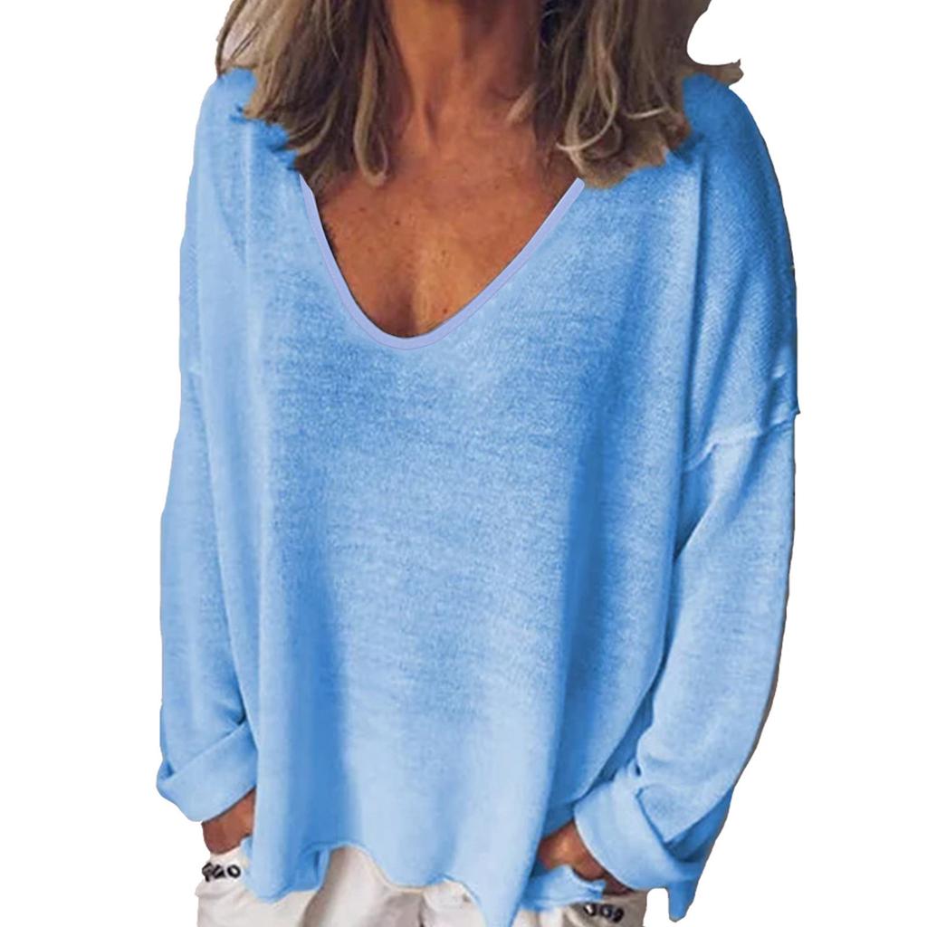 Fashion Summer Women T-Shirt Solid Color Casual Versatile Loose Tops V-Neck Blouses Long Sleeve Shirt Perspective Y2K Tops